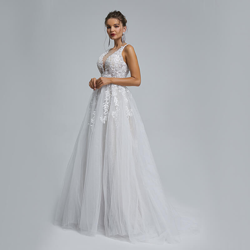 Backless O Neck Applique Sleeveless A Line Wedding Dress ST003