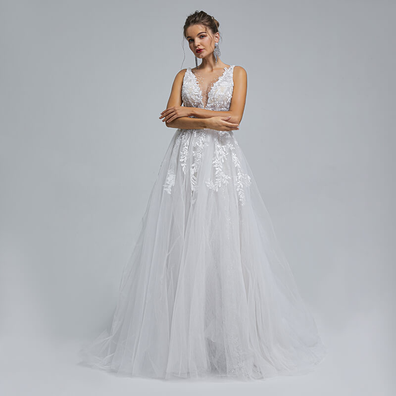 Backless O Neck Applique Sleeveless A Line Wedding Dress ST003