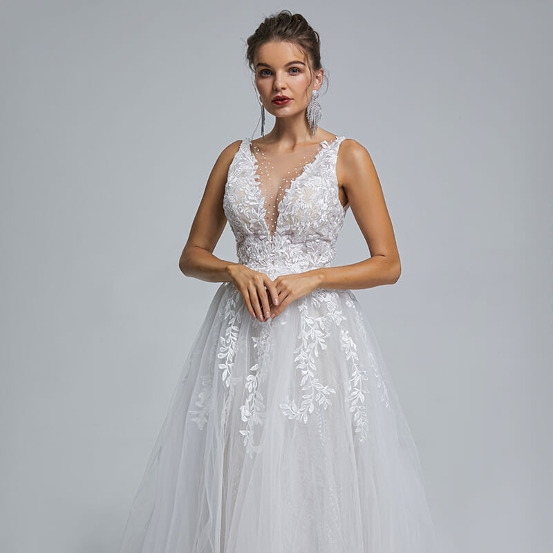 Backless O Neck Applique Sleeveless A Line Wedding Dress ST003