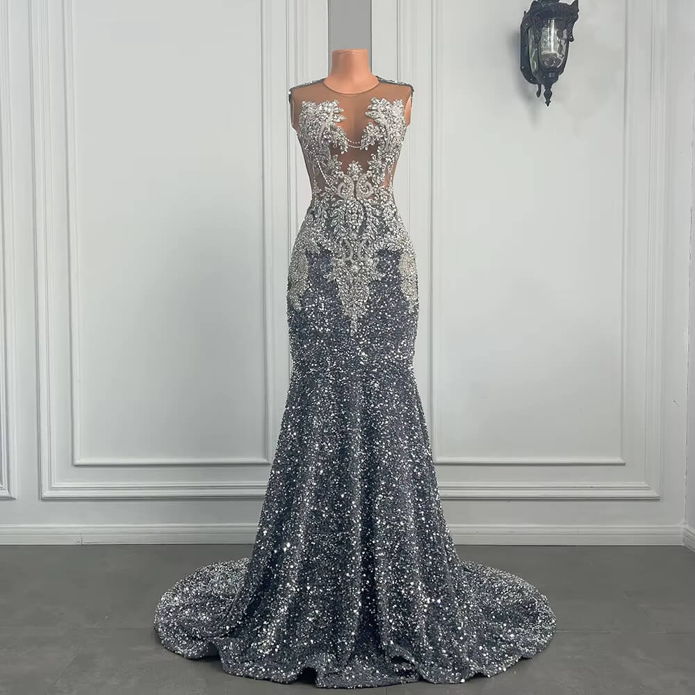 Sliver Beading Sleeveless Sweep Strain Long Prom Dress XY0033