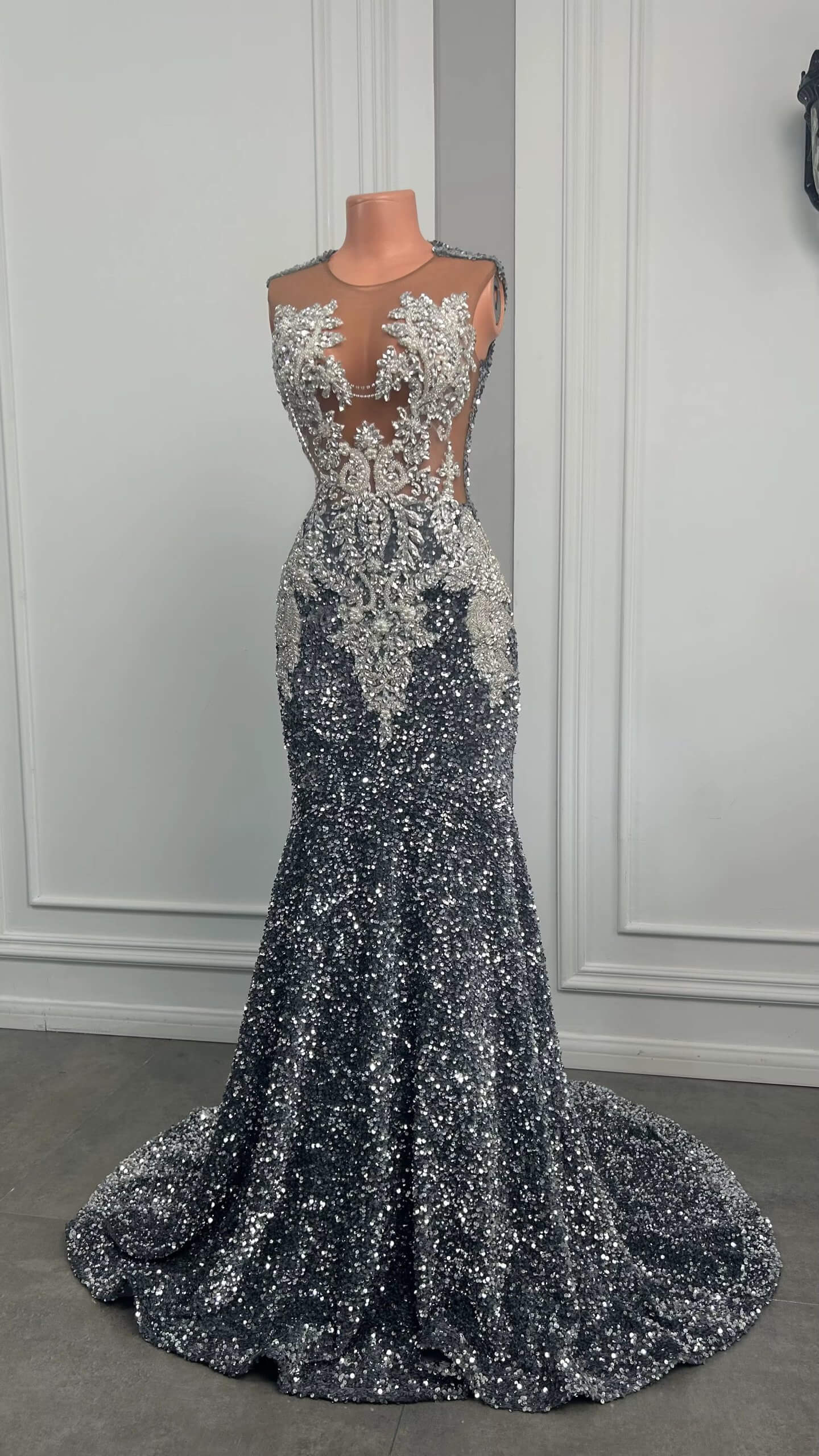 Sliver Beading Sleeveless Sweep Strain Long Prom Dress XY0033