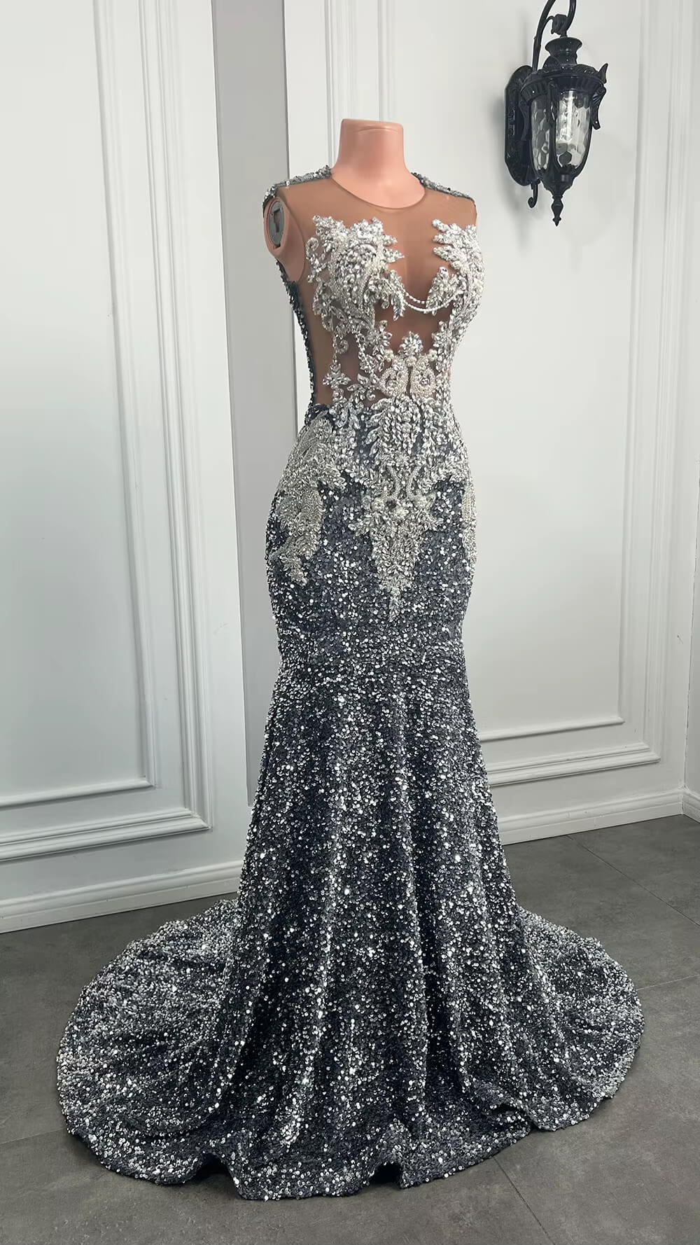 Sliver Beading Sleeveless Sweep Strain Long Prom Dress XY0033