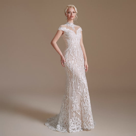 Simple High Neck Sleeveless Long Mermaid Wedding Dress 1061