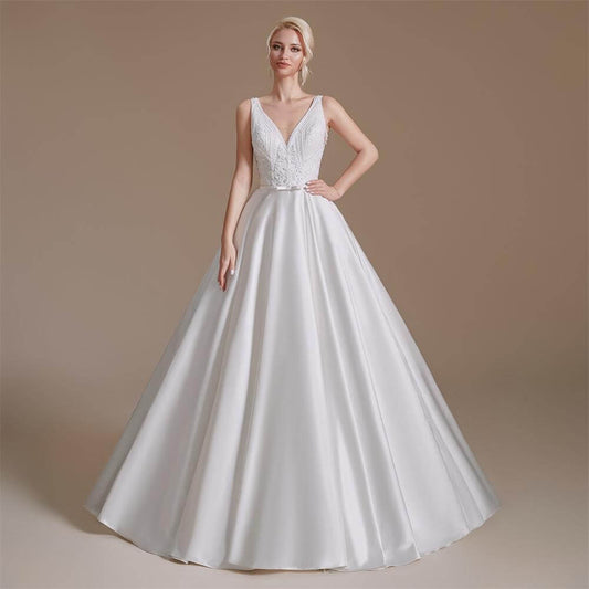 Simple V Neck Sleeveless Long A Wedding Dress 1062