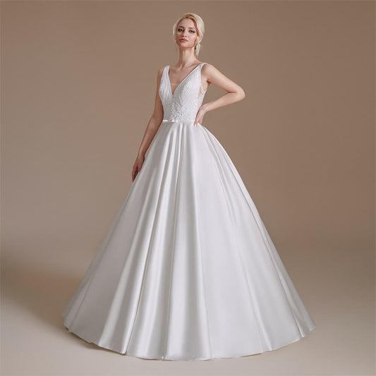 Simple V Neck Sleeveless Long A Wedding Dress 1062
