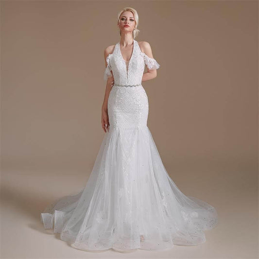 Simple Halter Neck Sleeveless Lace Long Mermaid Wedding Dress 1064