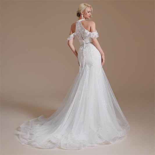 Simple Halter Neck Sleeveless Lace Long Mermaid Wedding Dress 1064