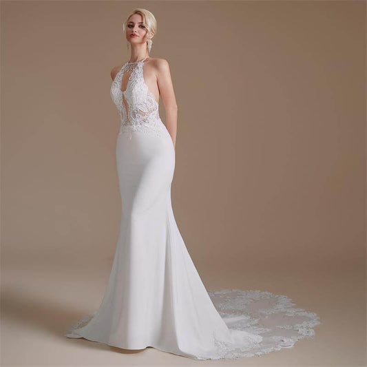 Open Back Halter Neck Sleeveless Lace Long Mermaid Wedding Dress 1065