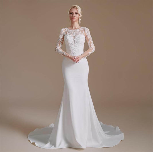 Elegant O Neck Long Sleeve Lace Mermaid Wedding Dress 1066