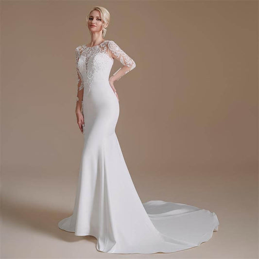 Elegant O Neck Long Sleeve Lace Mermaid Wedding Dress 1066