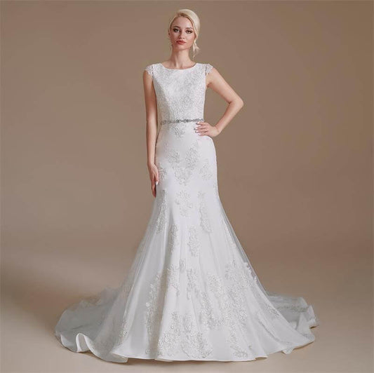 Elegant Scoop Neck Lace Belt Long Mermaid Wedding Dress 1068