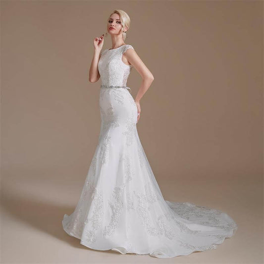 Elegant Scoop Neck Lace Belt Long Mermaid Wedding Dress 1068