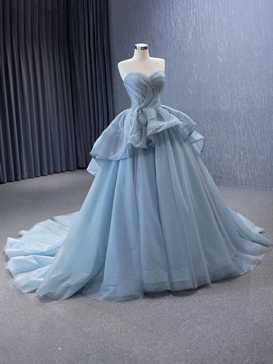 Luxury Model Light Blue A Line Long Prom Dresses 231064