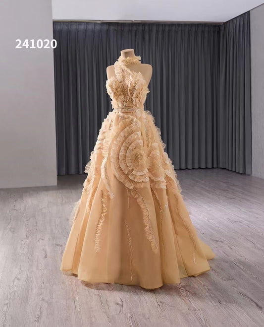 Luxury Model Champange A Line Long Evening Dress 241020