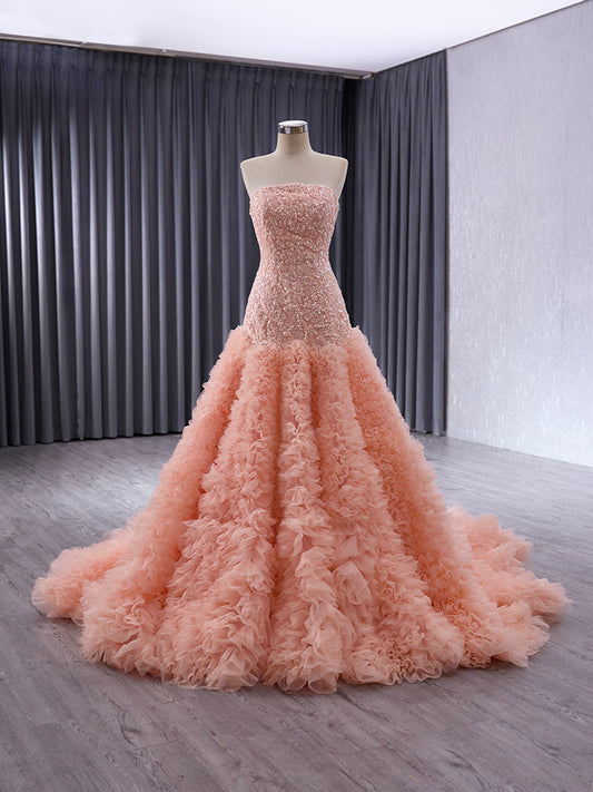 Luxury Model Sleeveless Tull Long Mermaid Formal Prom Dress Evening Gown 241024