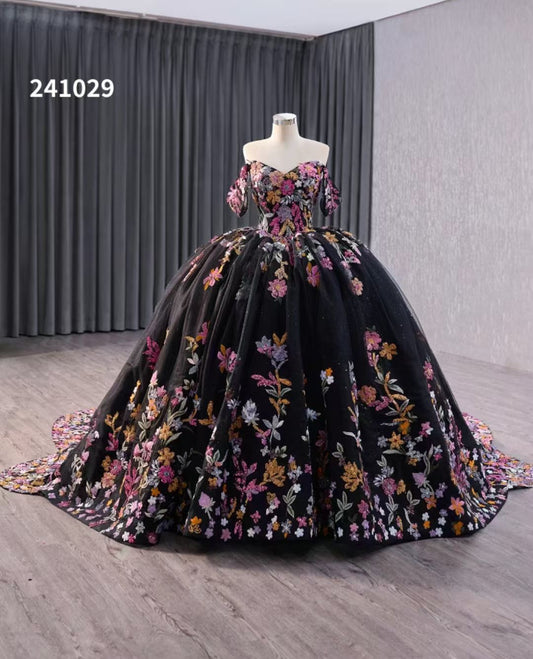 Luxury Model Flower Black Sweep Strain Ball Gown Quinceanera Dress 241029