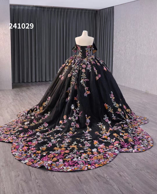 Luxury Model Flower Black Sweep Strain Ball Gown Quinceanera Dress 241029