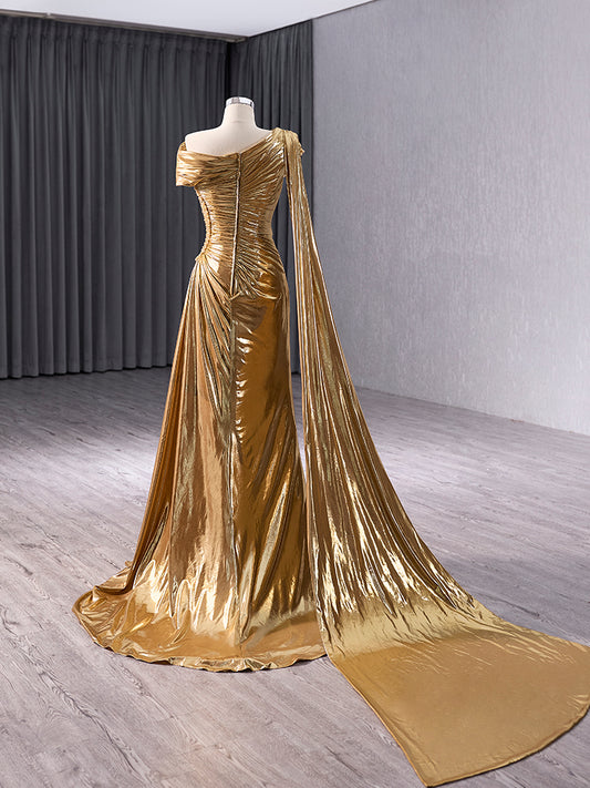 Luxury Model Gold Shoulder Cape Long Mermaid Formal Prom Dress Evening Gown 241032