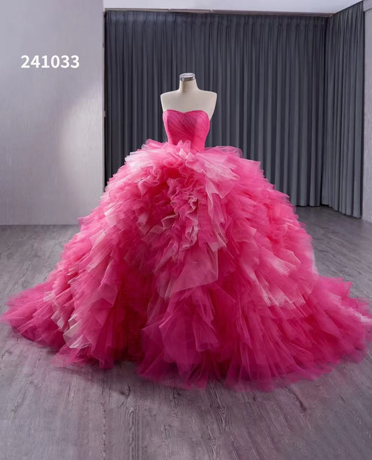 Luxury Model Hot Pink Sweetheart Tull Ball Gown Formal Prom Dress 241033