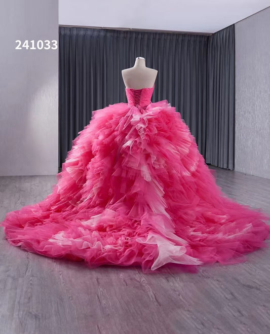 Luxury Model Hot Pink Sweetheart Tull Ball Gown Formal Prom Dress 241033