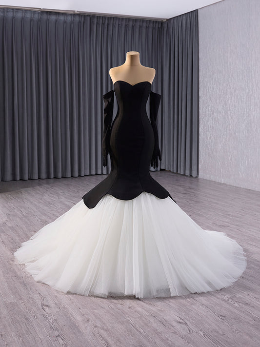 Luxury Model Black White Long Sleeve Glove Mermaid Formal Prom Dress Evening Gown 241035