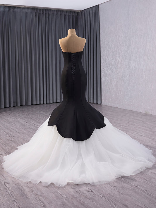 Luxury Model Black White Long Sleeve Glove Mermaid Formal Prom Dress Evening Gown 241035