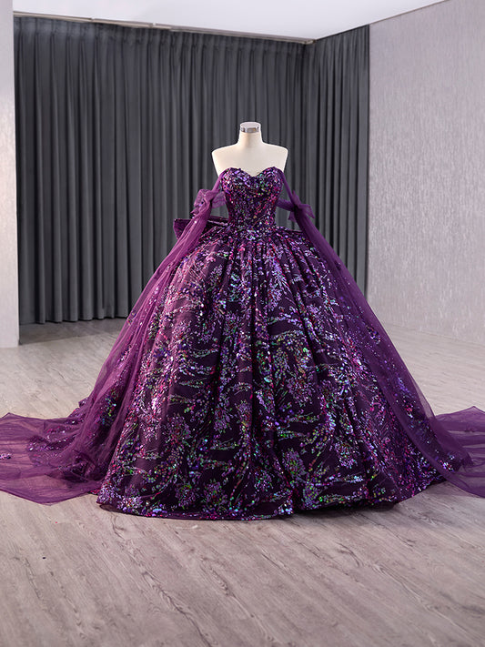 Luxury Model Purple Sweetheart Bow Glitter Ball Gown Quinceanera Dress 241037