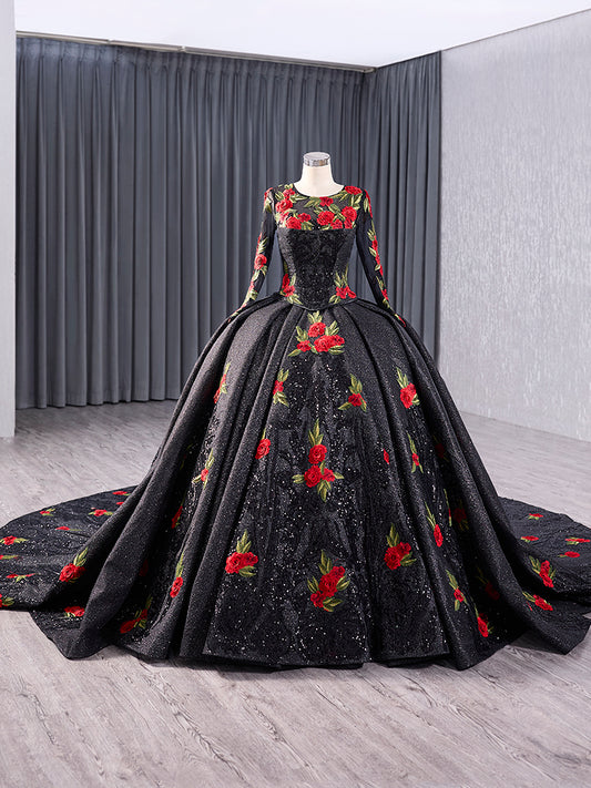 Luxury Model Black Long Sleeve O Neck Flower Ball Gown Quinceanera Dress 241038