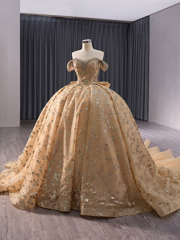 Luxury Model Gold Long Sweetheart Beading Ball Gown Quinceanera Dress 241043