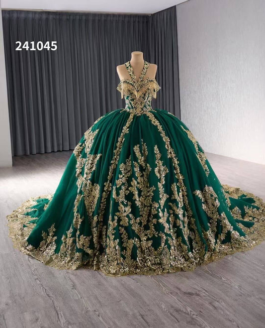 Luxury Model Green Ball Gown Gold Applique Quinceanera Formal Dress Evening Dress 241045