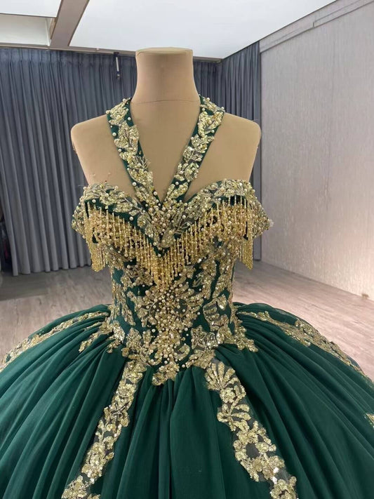 Luxury Model Green Ball Gown Gold Applique Quinceanera Formal Dress Evening Dress 241045