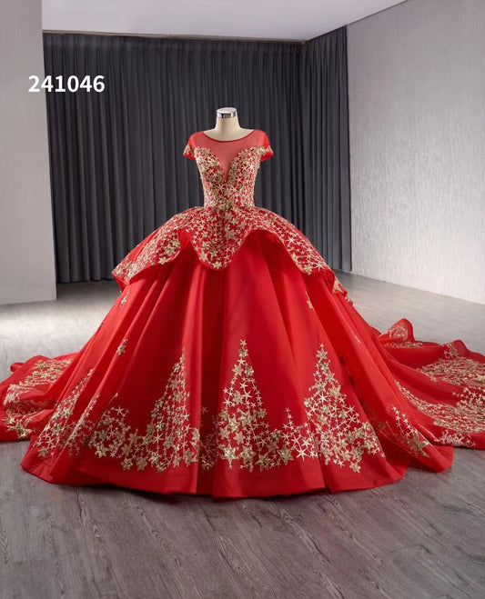 Luxury Model Ball Gown Gold Applique Prom Dress Quinceanera Dress 241046