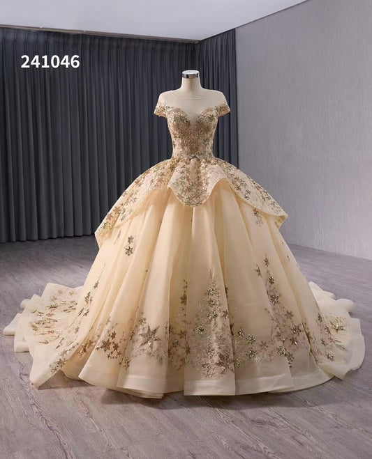 Luxury Model Ball Gown Gold Applique Prom Dress Quinceanera Dress 241046