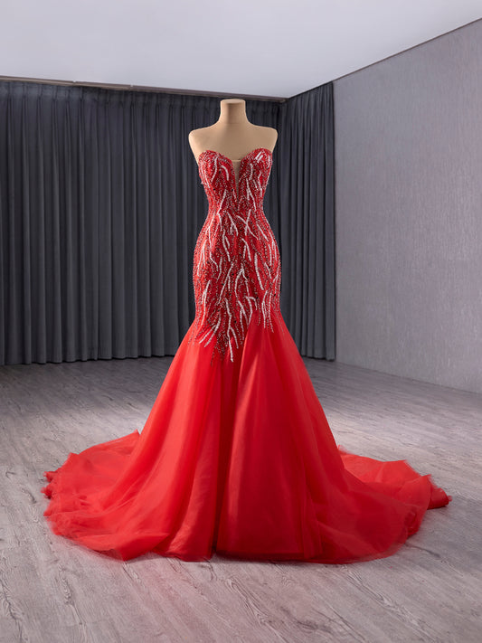Luxury Model Red Sleeveless beading Tull Formal Prom Dress Evening Gown 241050