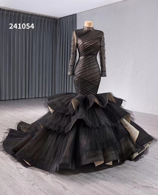Luxury Model Black Tull Tiered Formal EveningDress 241054