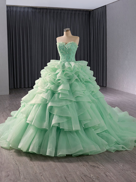 Luxury Model Light Green Tull Tiered Formal Dress 241058