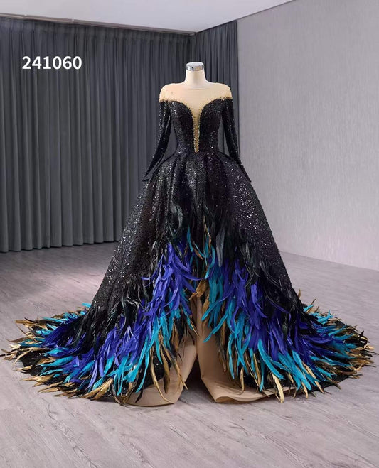Luxury Model Feather Black Formal Evening Dress 241060