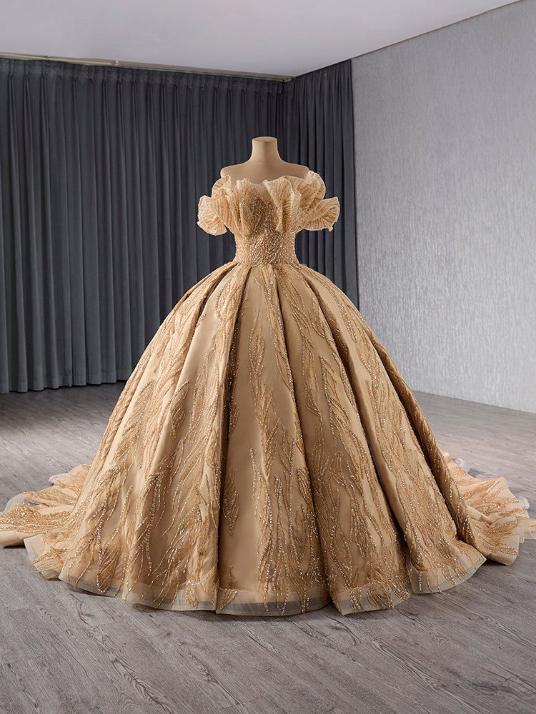 Luxury Model Gold Ruffles Beading Ball Gown Quinceanera Dress 241066