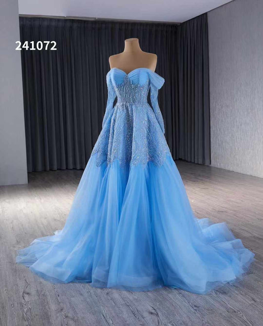 Luxury Model Off The Shoulder Long Sleeve Beading Formal Prom Dress Evening Gown 241072