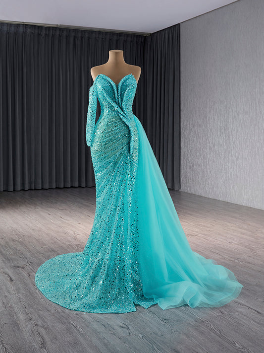 Luxury Model One Shoulder Long Sleeve Mermaid Formal Evening Dress Prom Gown 241073