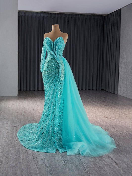 Luxury Model One Shoulder Long Sleeve Mermaid Formal Evening Dress Prom Gown 241073