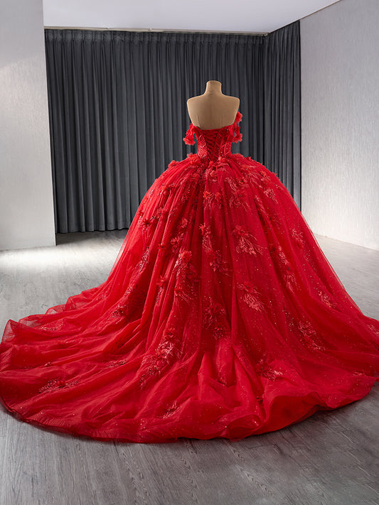 Luxury Model Red Off The Shoulder Flower Ball Gown Quinceanera Dress 241081
