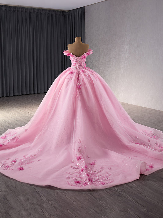 Luxury Model Off The Shoulder Flower Ball Gown Quinceanera Dress 241084