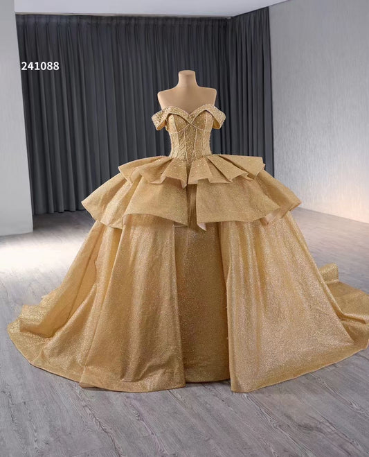 Luxury Model Gold A Line Long Prom Dress Formal Evening Dress 241088
