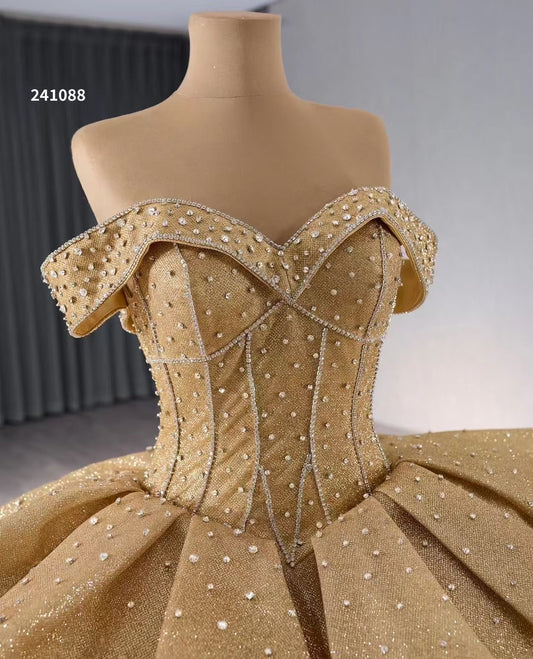 Luxury Model Gold A Line Long Prom Dress Formal Evening Dress 241088