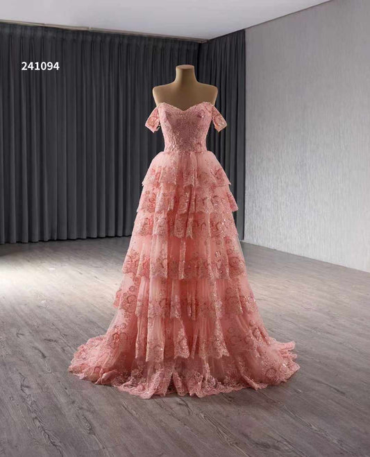 Luxury Model A Line Sleeveless Tiered Prom Dress 241094
