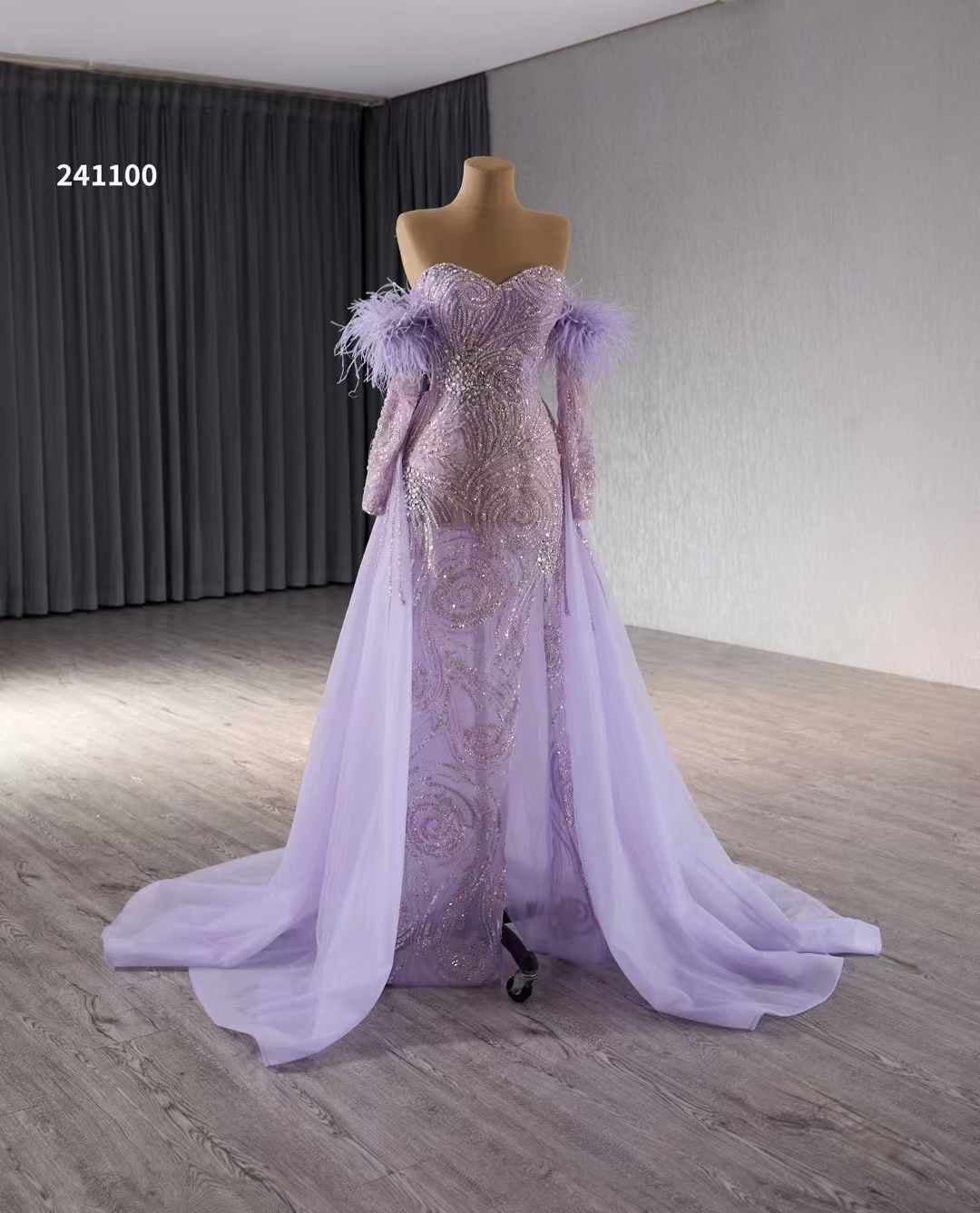Luxury Model Feather Light Purple Mermaid Tull Formal Evening Dress Prom Gown 241100