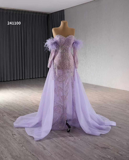 Luxury Model Feather Light Purple Mermaid Tull Formal Evening Dress Prom Gown 241100