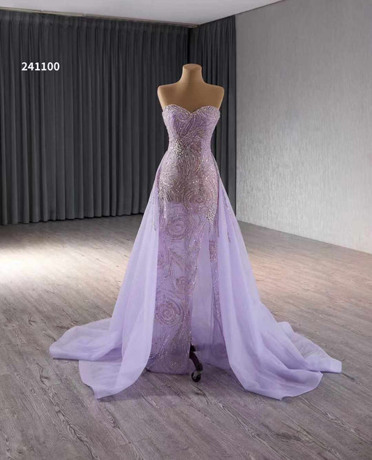 Luxury Model Feather Light Purple Mermaid Tull Formal Evening Dress Prom Gown 241100