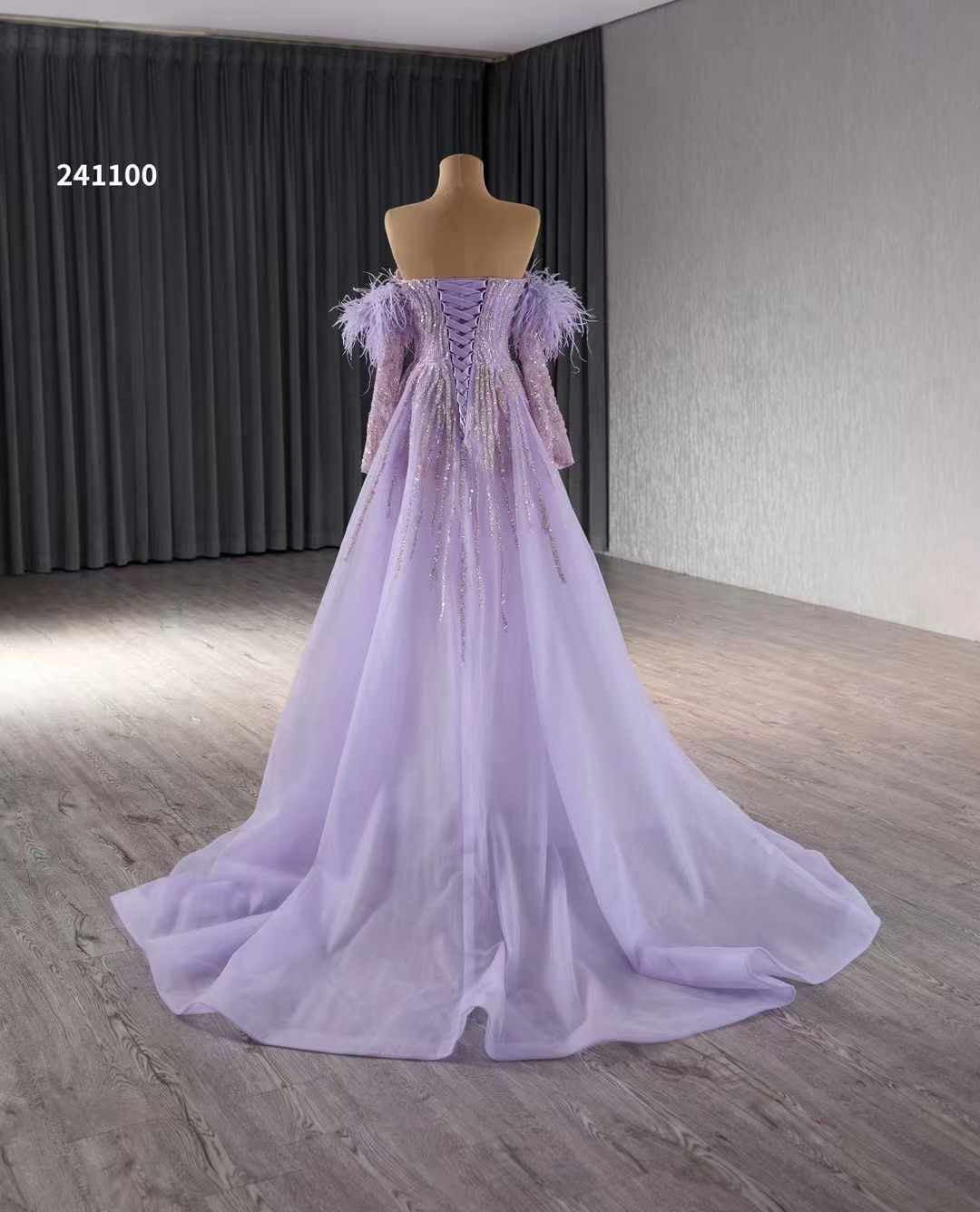 Luxury Model Feather Light Purple Mermaid Tull Formal Evening Dress Prom Gown 241100